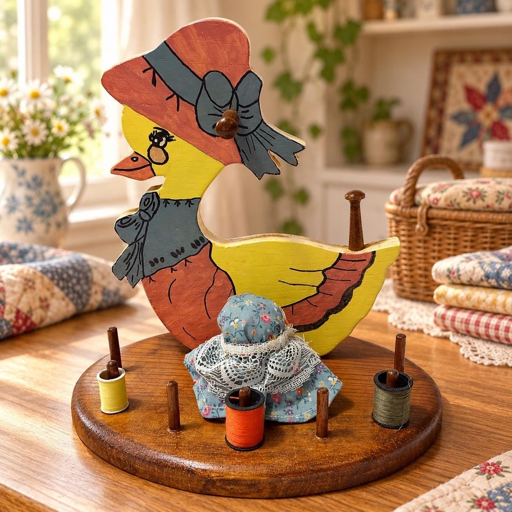 Vintage Wooden Goose Sewing Caddy Thread Spool Holder Pincushion Folk Art Decor